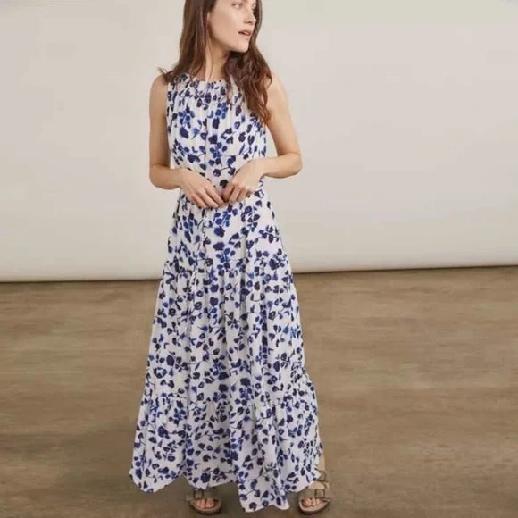 NWT Elizabeth and James Blue Floral Smocked Neck Tiered Maxi Dress Womens XXL - Picture 2 of 10